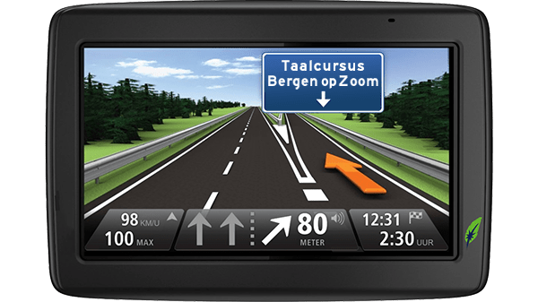 Screenshot navigatiesysteem met tekst Taalcursus Bergen op Zoom aangegeven - in kleur op transparante achtergrond - 600 * 337 pixels